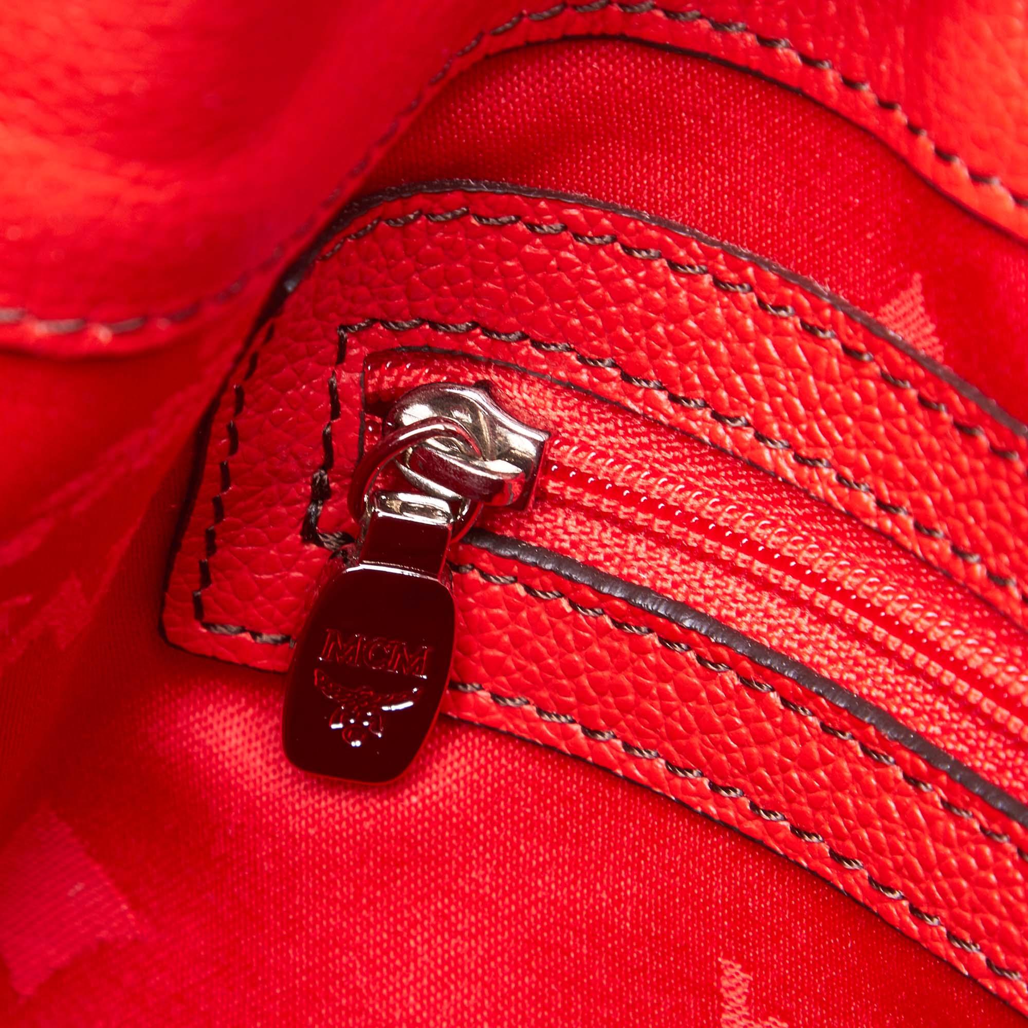 Women's Vintage Authentic MCM Red Leather Drawstring Bucket Bag Germany MEDIUM 