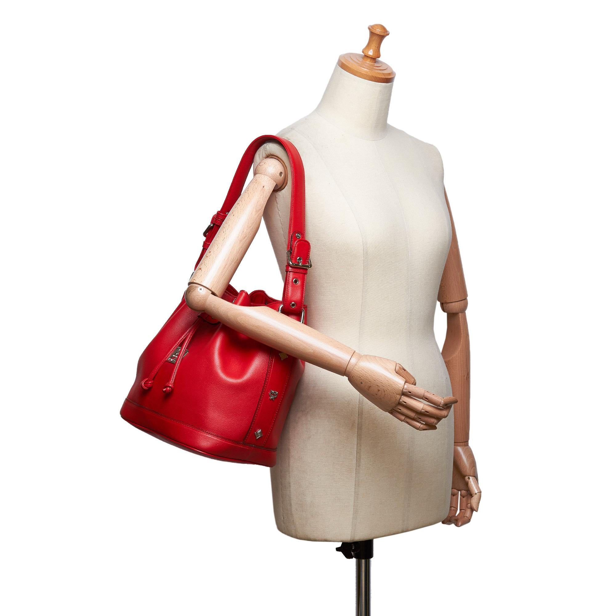 Vintage Authentic MCM Red Leather Drawstring Bucket Bag Germany MEDIUM 1
