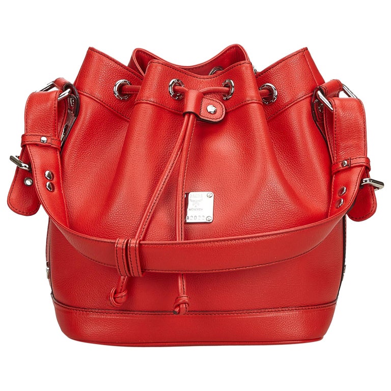 Red leather bucket bag