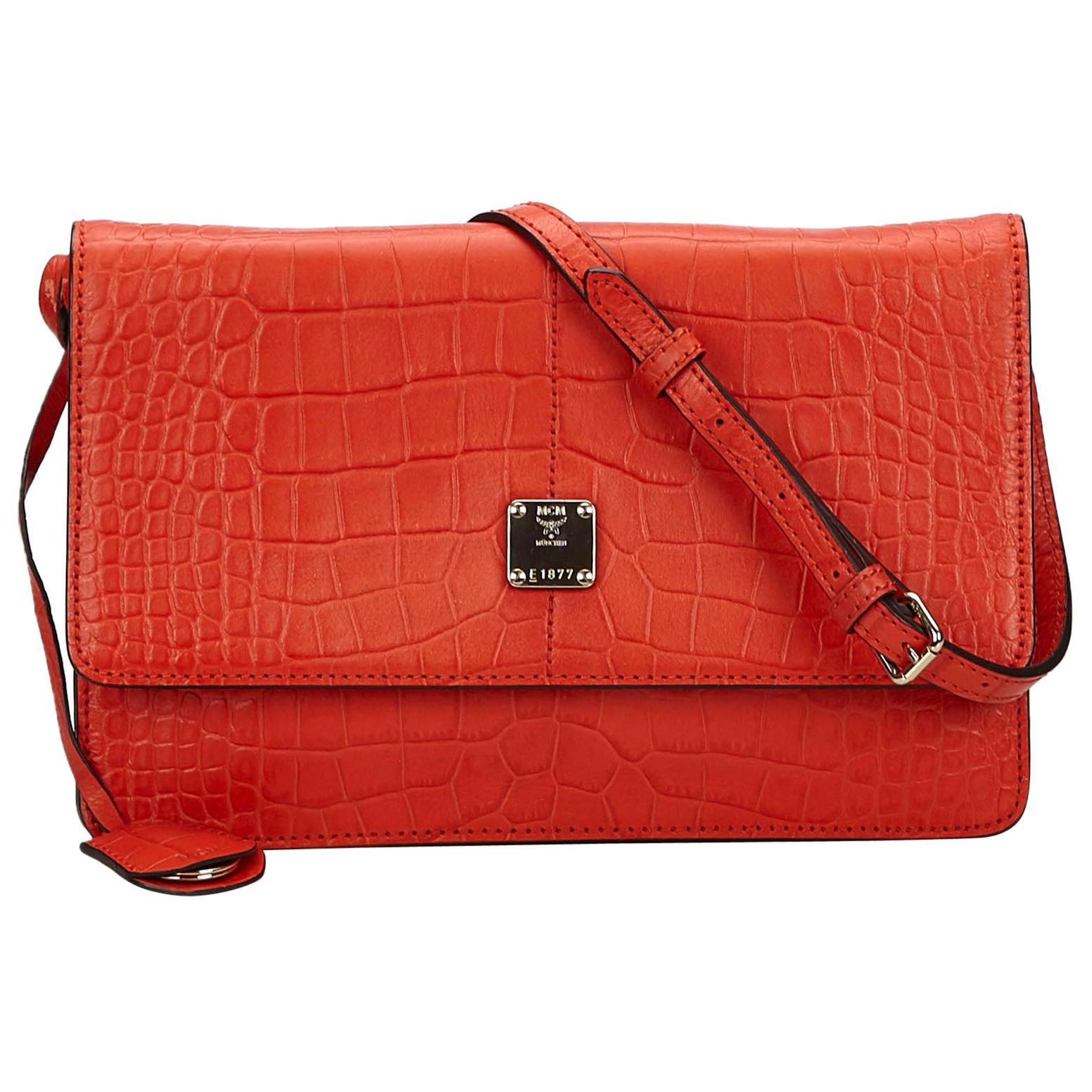 Vintage Authentic MCM Red Leather Embossed Shoulder Bag Germany MEDIUM  For Sale