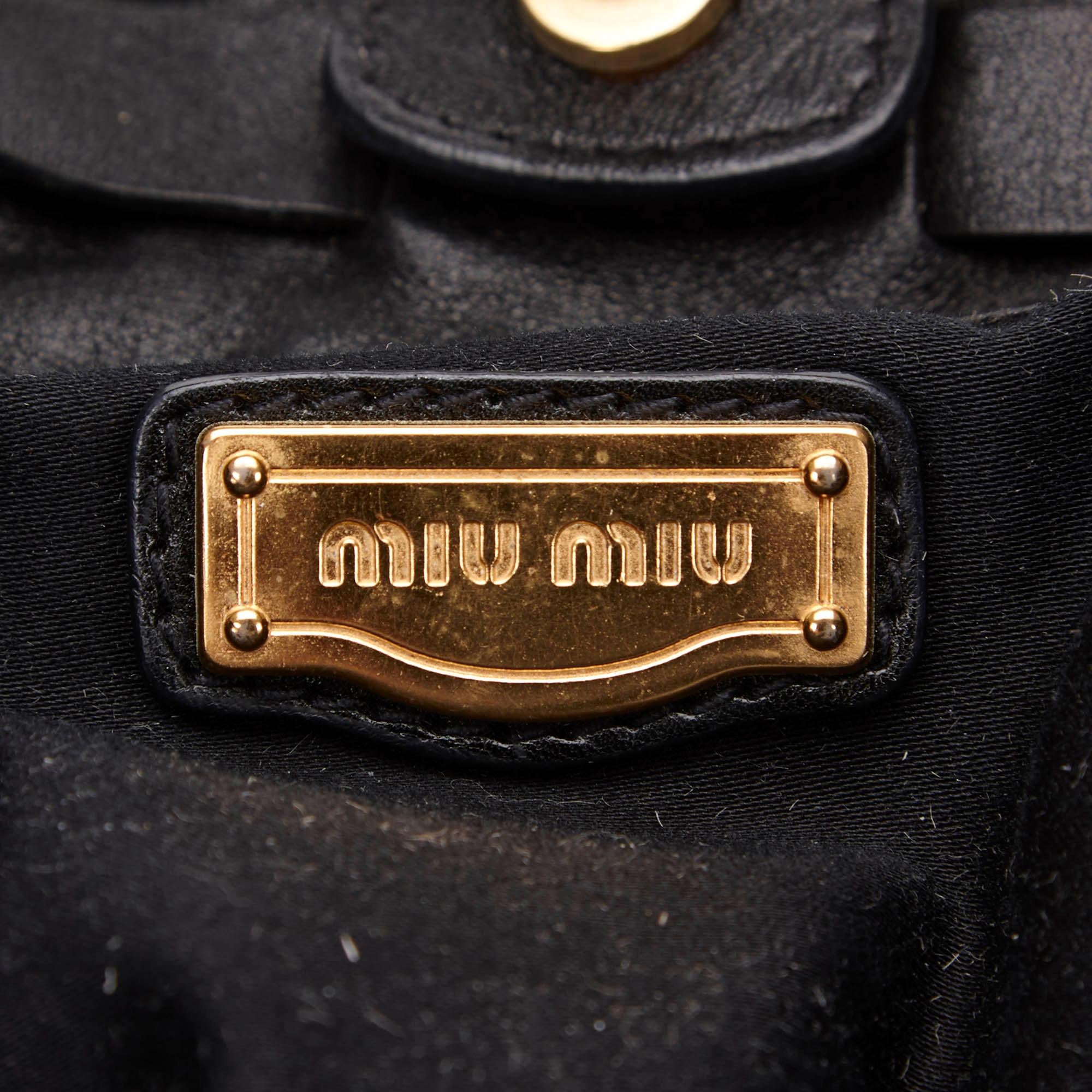 Vintage Authentic Miu Miu Black Leather Matelasse Side Ribbon Bag Italy w LARGE 1