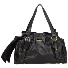 Vintage Authentic Miu Miu Black Leather Matelasse Side Ribbon Bag Italy w LARGE 