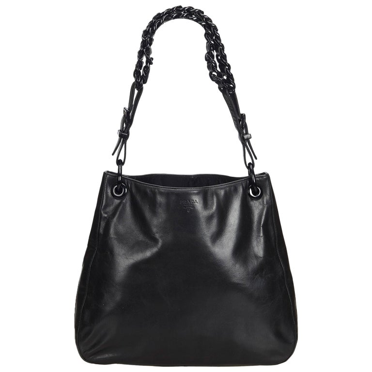 Vintage Authentic Prada Black Leather Chain Shoulder Bag Italy MEDIUM For Sale at 1stDibs