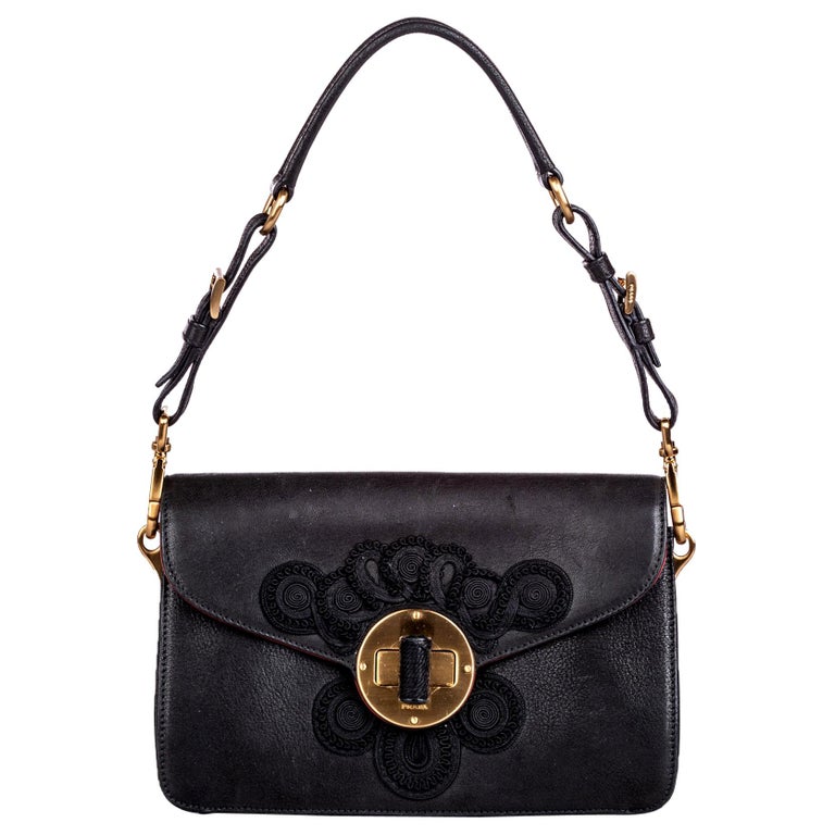 Vintage Authentic Prada Black Leather Embroidered Shoulder Bag Italy