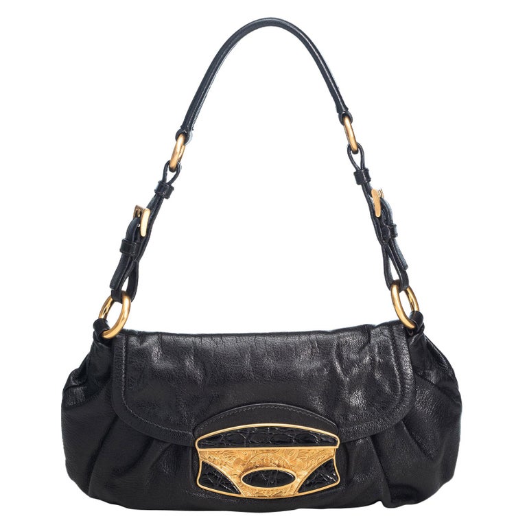 Vintage Authentic Prada Black Leather Handbag Italy w Dust Bag MEDIUM ...