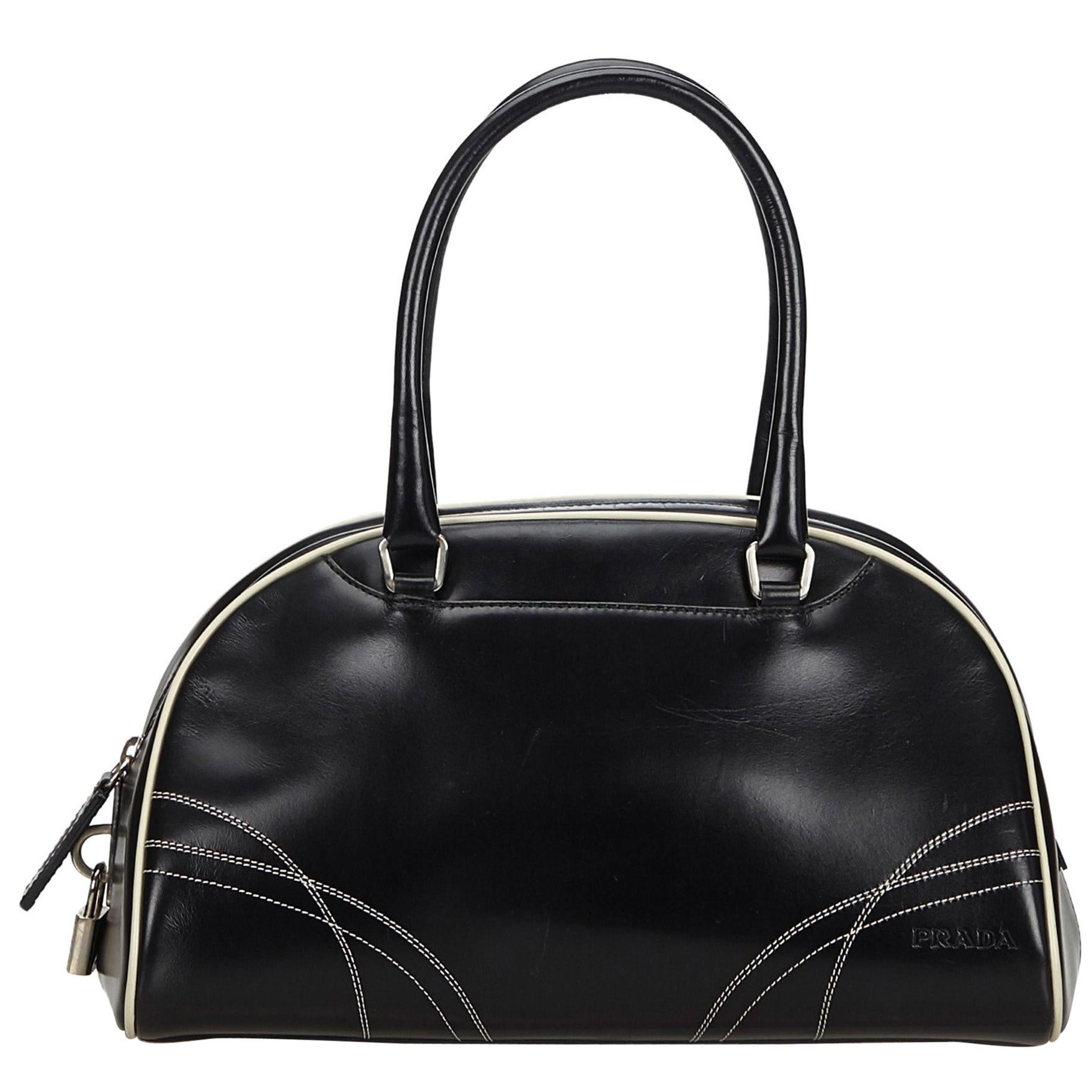 Vintage Authentic Prada Black Leather Handbag Italy w Dust Bag Padlock MEDIUM  For Sale