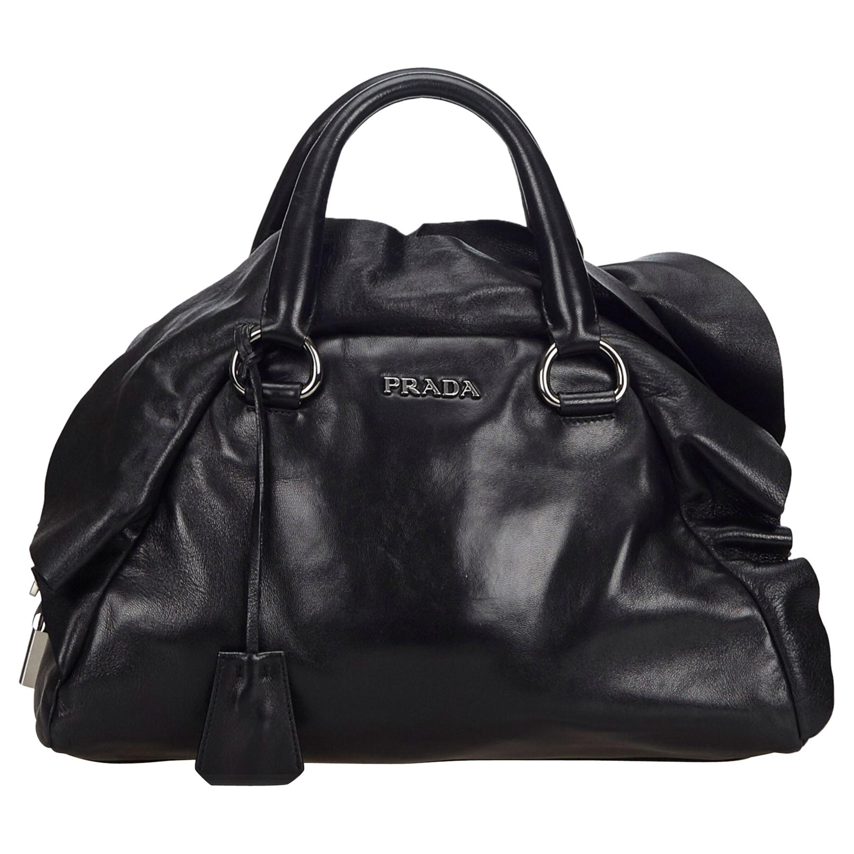 Vintage Authentic Prada Black Leather Mordore Handbag Italy MEDIUM  For Sale