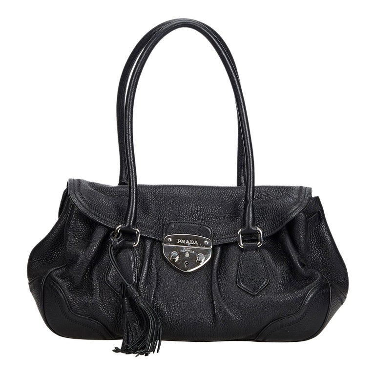 Vintage Authentic Prada Black Leather Shoulder Bag Italy w/ Dust Bag MEDIUM  For Sale at 1stDibs