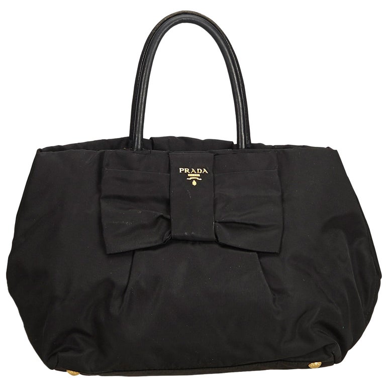 Vintage Authentic Prada Black Nylon Fabric Bow Tote Bag Italy w Dust