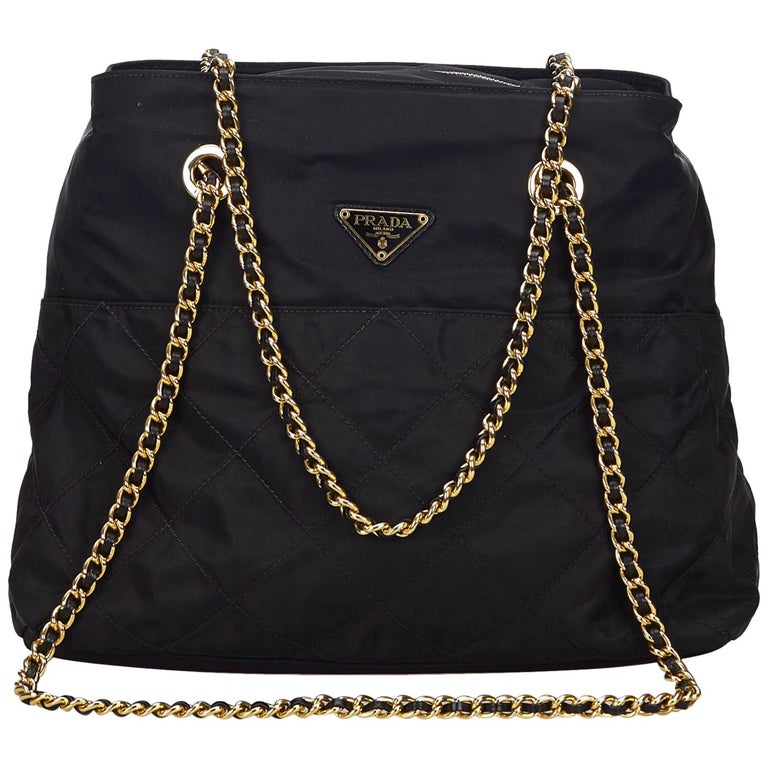 Vintage Authentic Prada Black Nylon Fabric Chain Shoulder Bag Italy LARGE  at 1stDibs