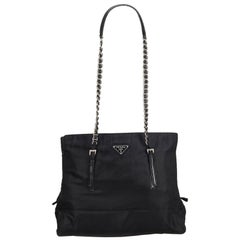 Vintage Authentic Prada Black Nylon Fabric Chain Shoulder Bag Italy MEDIUM