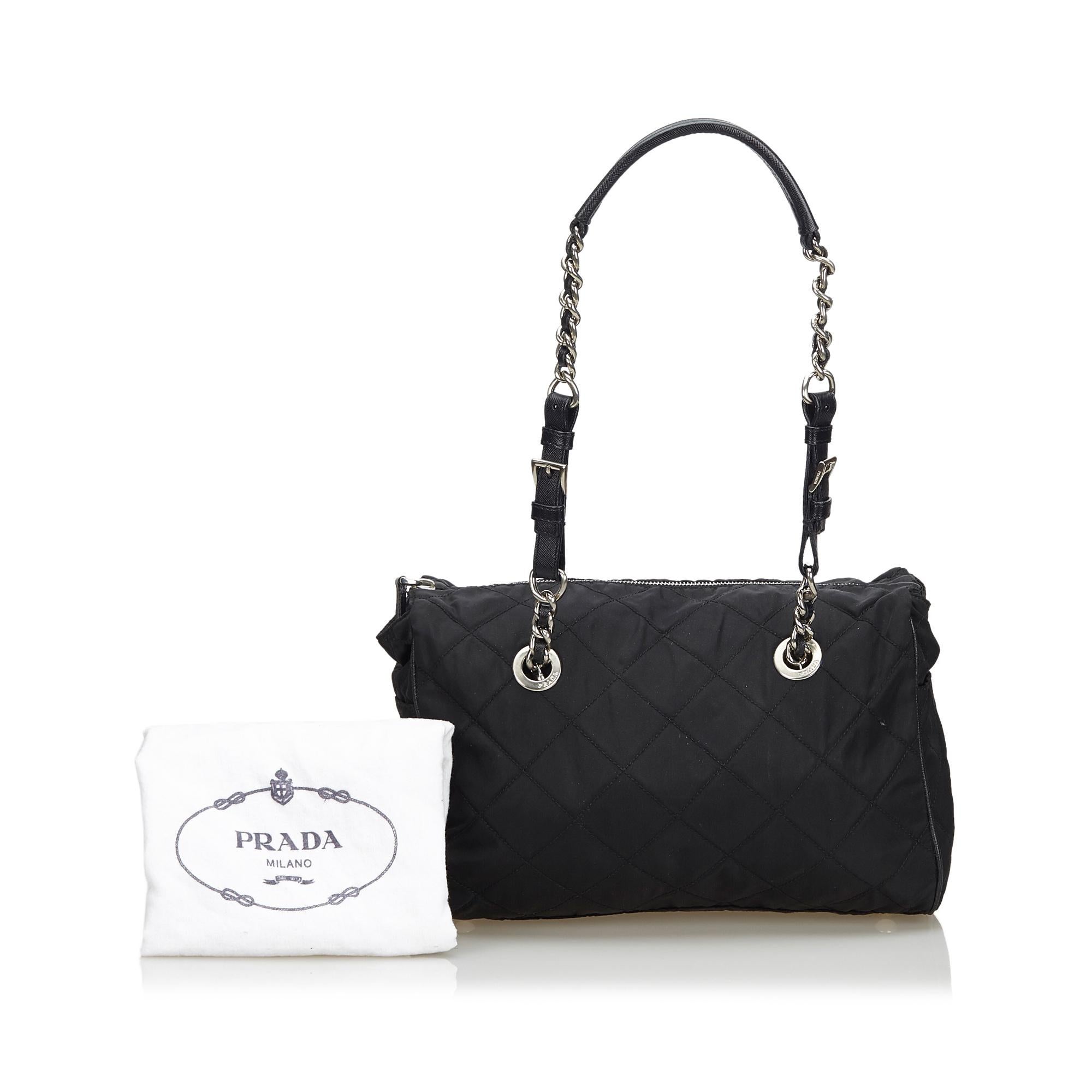 Vintage Authentic Prada Black Nylon Fabric Chain Tote Bag Italy LARGE  9