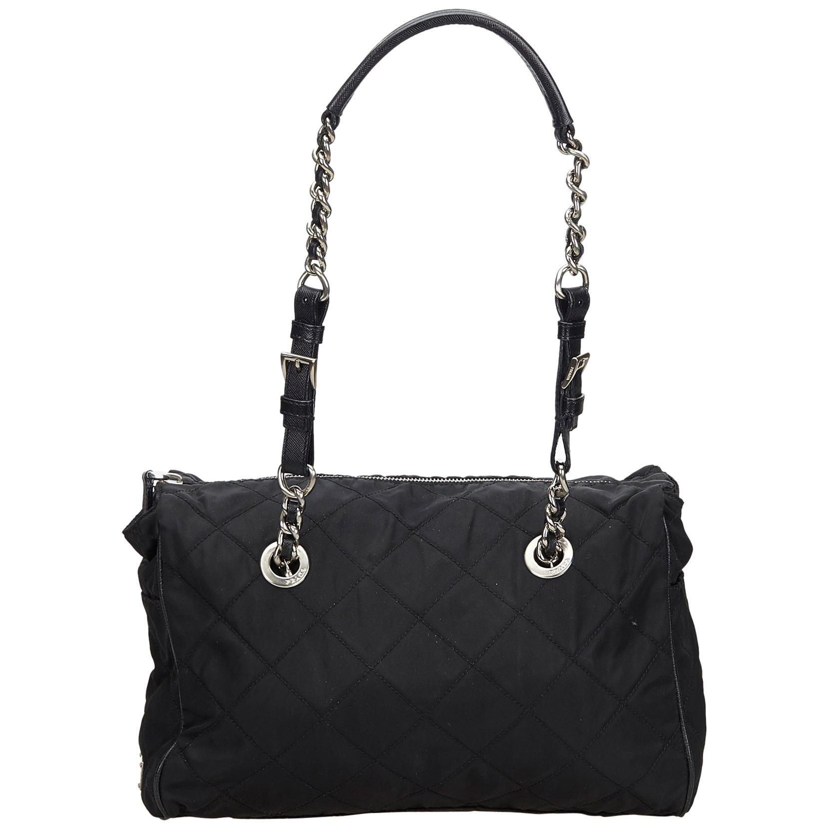 Vintage Authentic Prada Black Nylon Fabric Chain Tote Bag Italy LARGE 