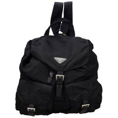 Vintage Authentic Prada Black Nylon Fabric Drawstring Backpack Italy LARGE