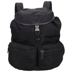 Vintage Authentic Prada Black Nylon Fabric Drawstring Backpack ITALY w LARGE 