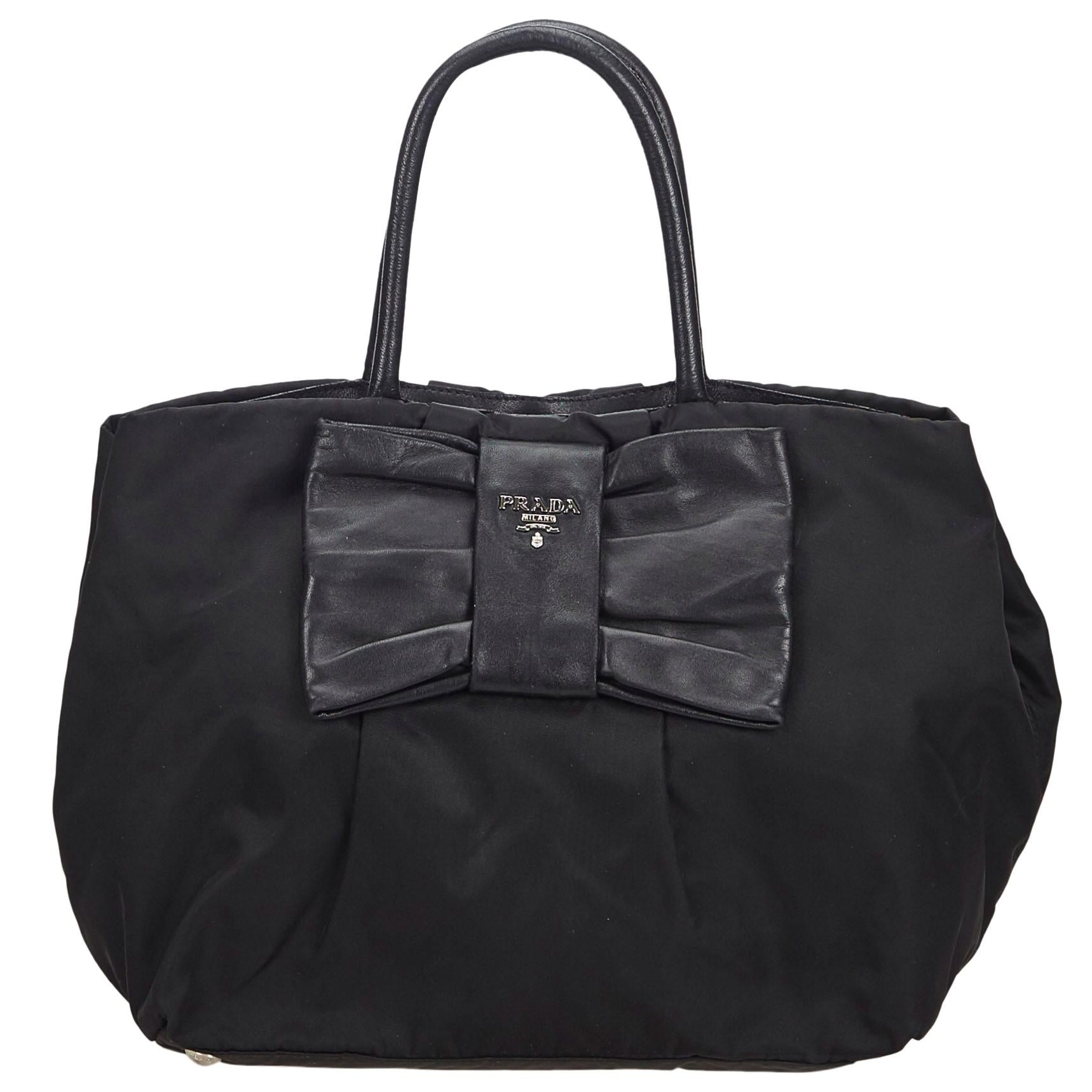 Vintage Authentic Prada Black Nylon Fabric Fiocco Bow Handbag Italy LARGE  For Sale