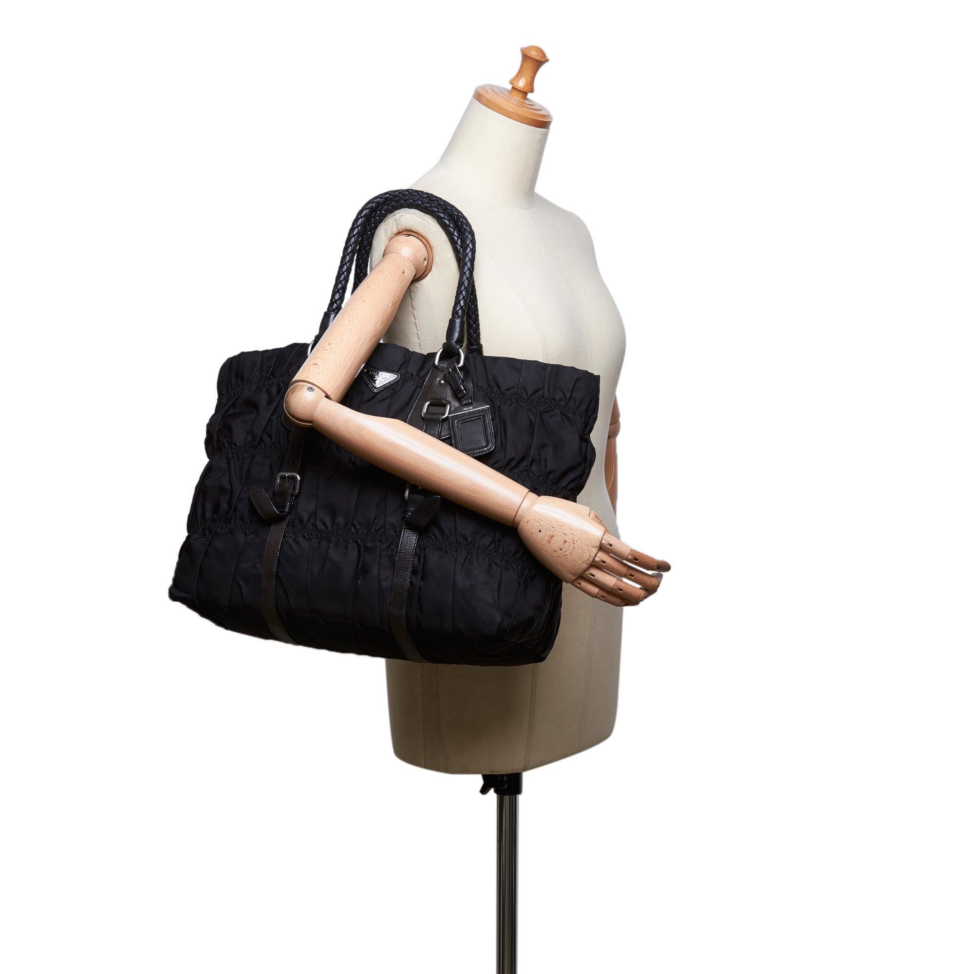 Vintage Authentic Prada Black Nylon Fabric Gathered Handbag ITALY LARGE  5