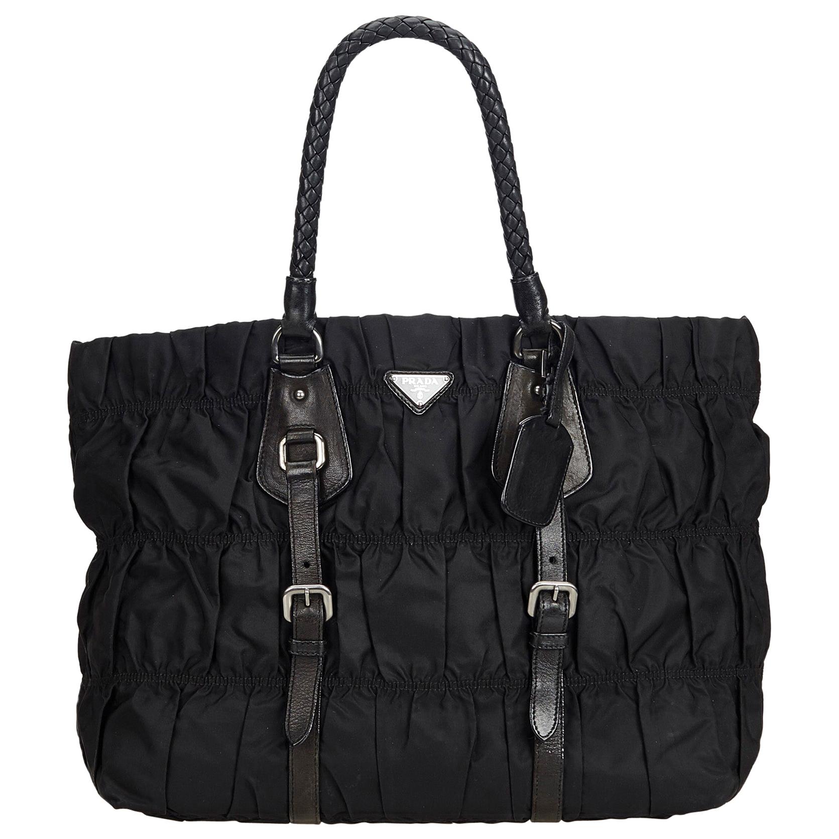 Vintage Authentic Prada Black Nylon Fabric Gathered Handbag ITALY LARGE 
