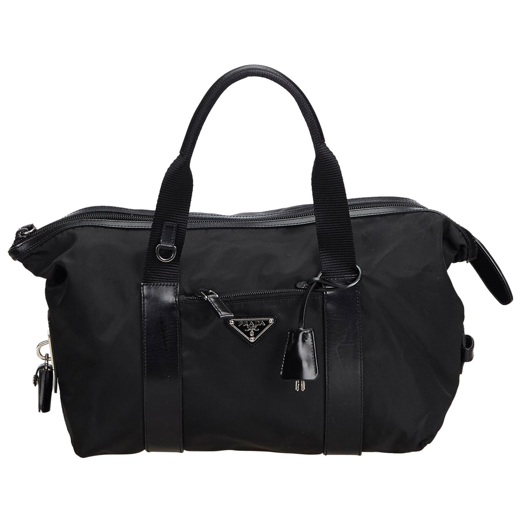 Vintage Authentic Prada Black Nylon Fabric Handbag ITALY w/ Padlock, Key LARGE  For Sale