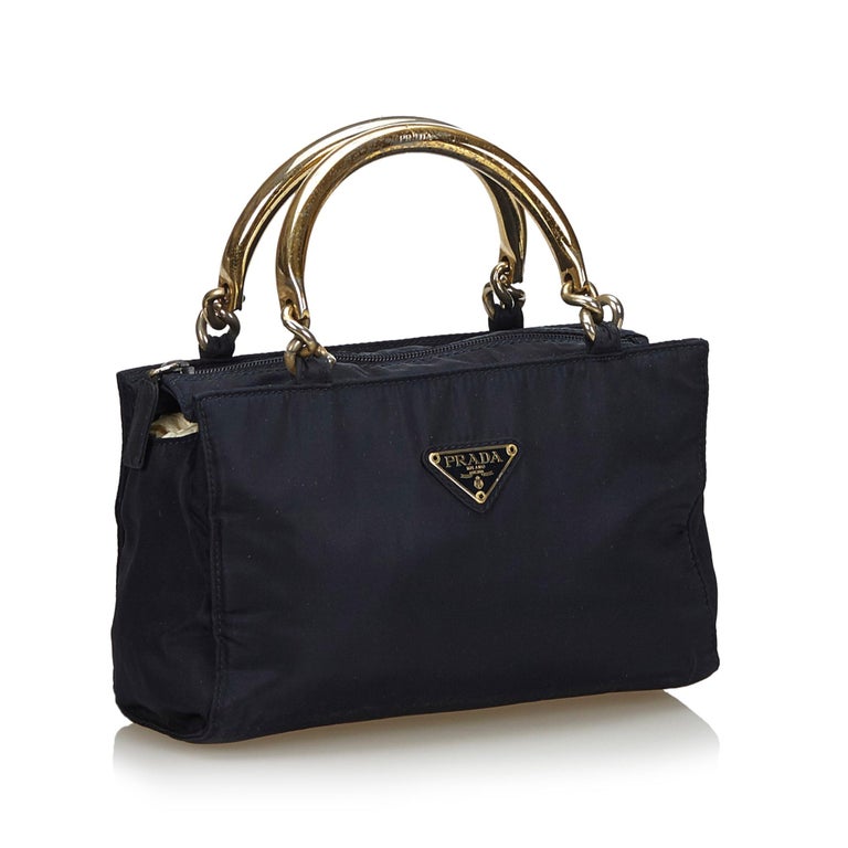 Vintage Authentic Prada Black Nylon Fabric Metal Handbag Italy SMALL