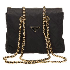 Vintage Authentic Prada Black Nylon Fabric Quilted Chain Tote Bag Italy LARGE