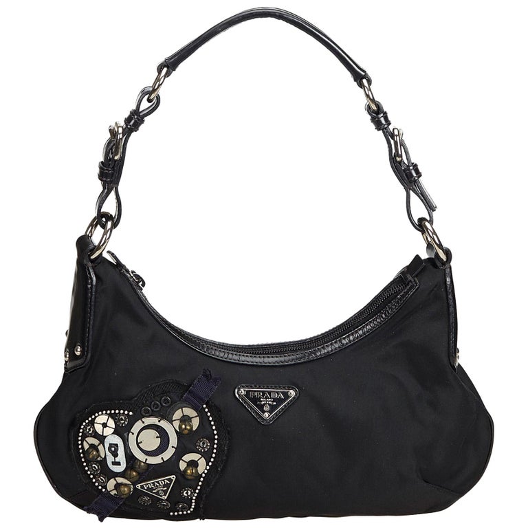 Vintage Authentic Prada Black Nylon Fabric Shoulder Bag Italy MEDIUM