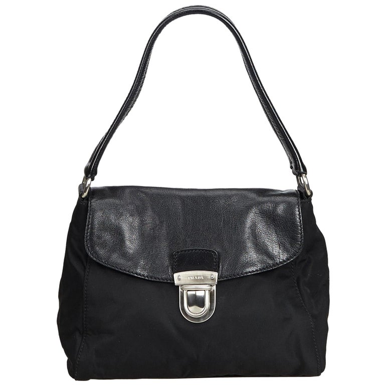 Vintage Authentic Prada Black Nylon Fabric Shoulder Bag Italy MEDIUM