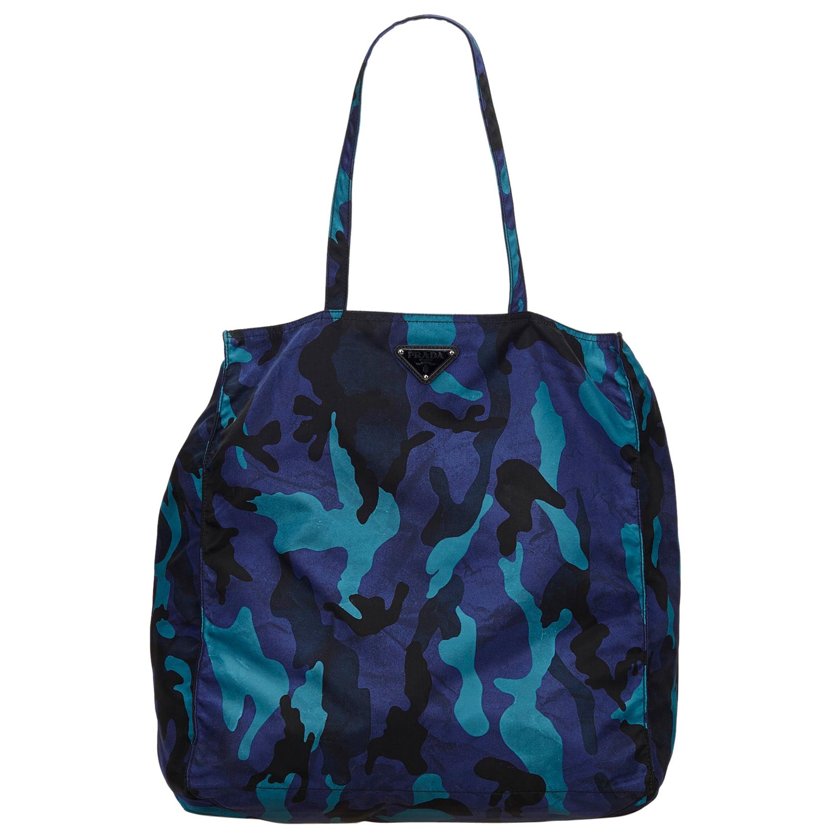 Vintage Authentic Prada Blue Camouflage Tote Bag Italy w Dust Bag LARGE  For Sale