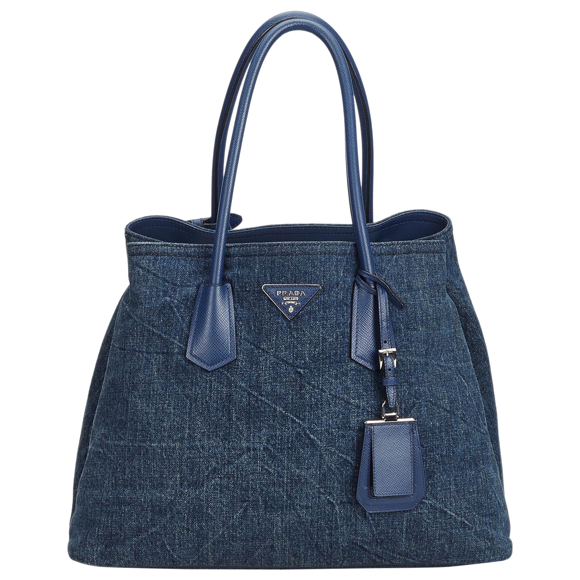 Vintage Authentic Prada Blue Denim Fabric Saffiano Double Cuir Tote Italy LARGE  For Sale