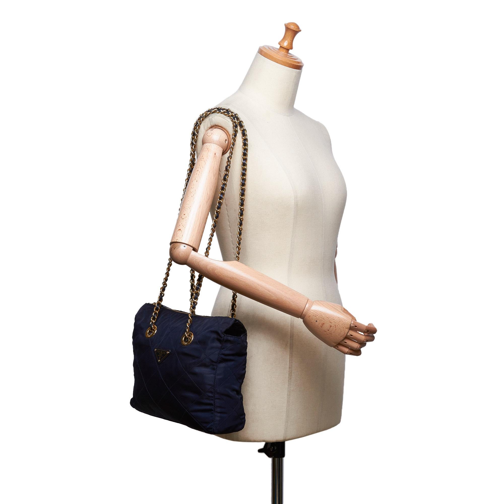 Vintage Authentic Prada Blue Navy Nylon Fabric Chain Shoulder Bag Italy MEDIUM 5
