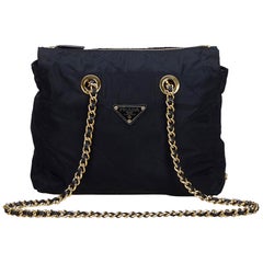 Vintage Authentic Prada Blue Navy Nylon Fabric Chain Shoulder Bag Italy MEDIUM 