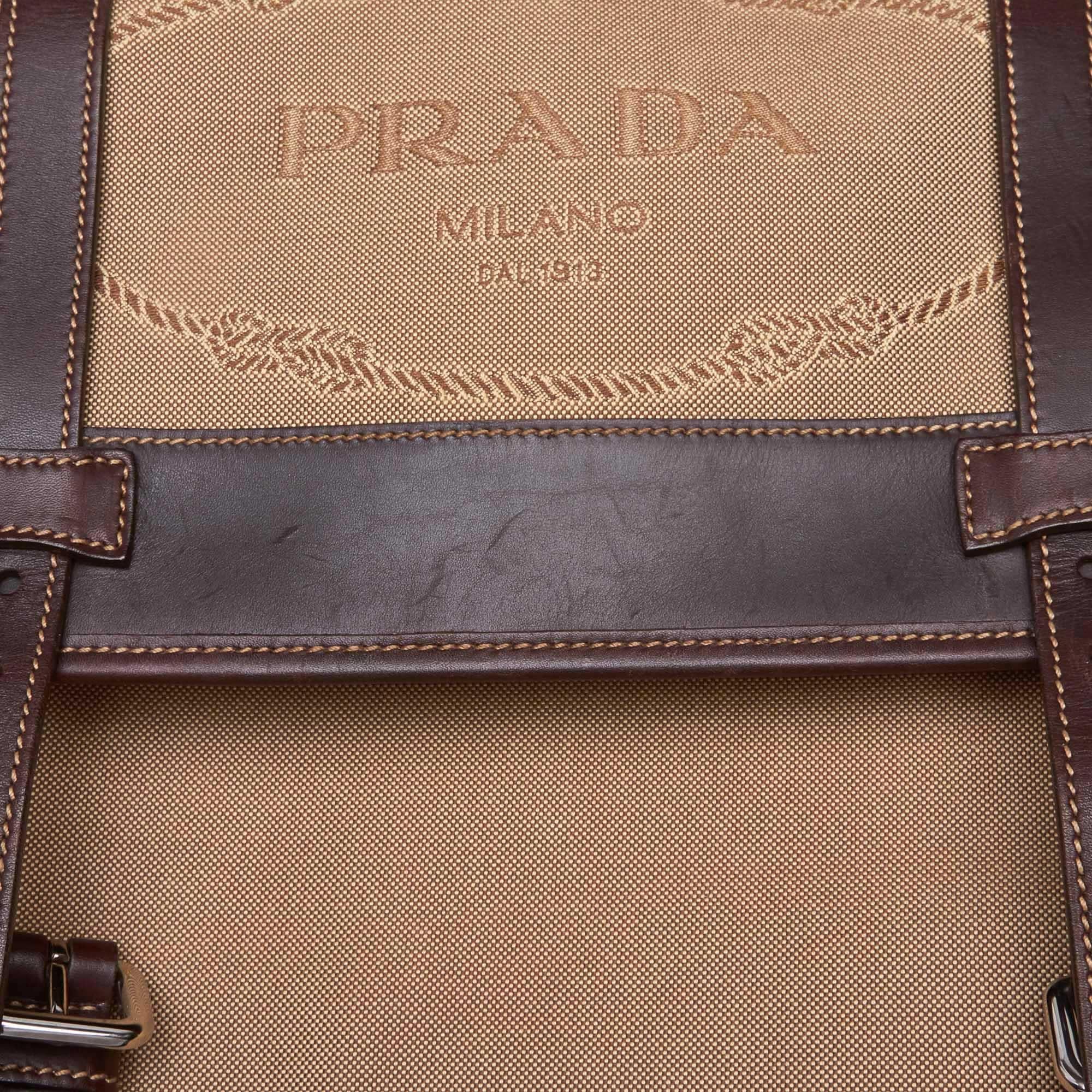 Vintage Authentic Prada Brown Beige Canvas Fabric Canapa Handbag Italy LARGE  For Sale 6