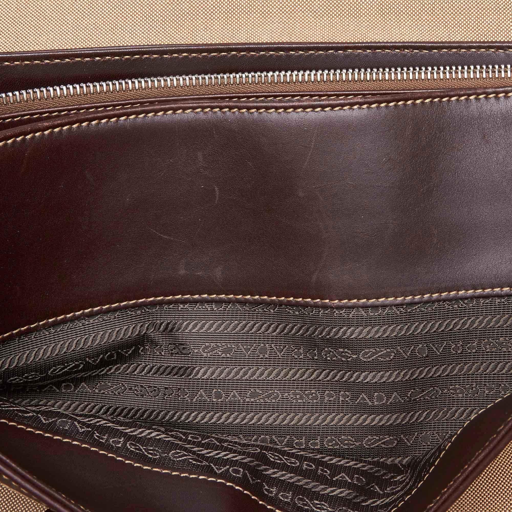 Vintage Authentic Prada Brown Beige Canvas Fabric Canapa Handbag Italy LARGE  For Sale 2