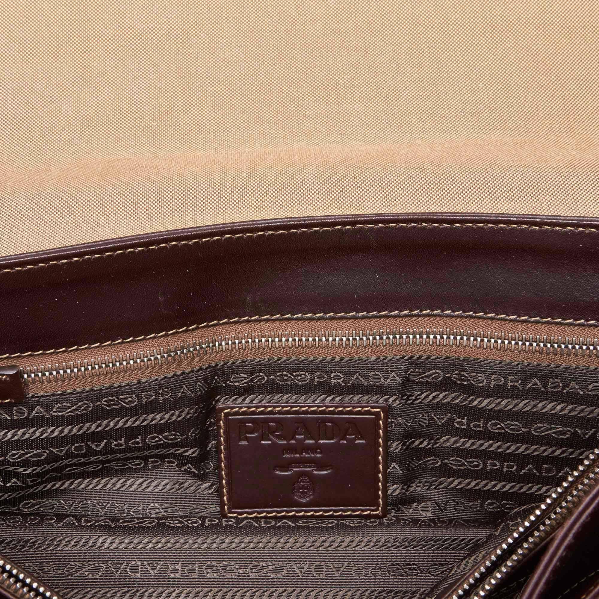 Vintage Authentic Prada Brown Beige Canvas Fabric Canapa Handbag Italy LARGE  For Sale 4