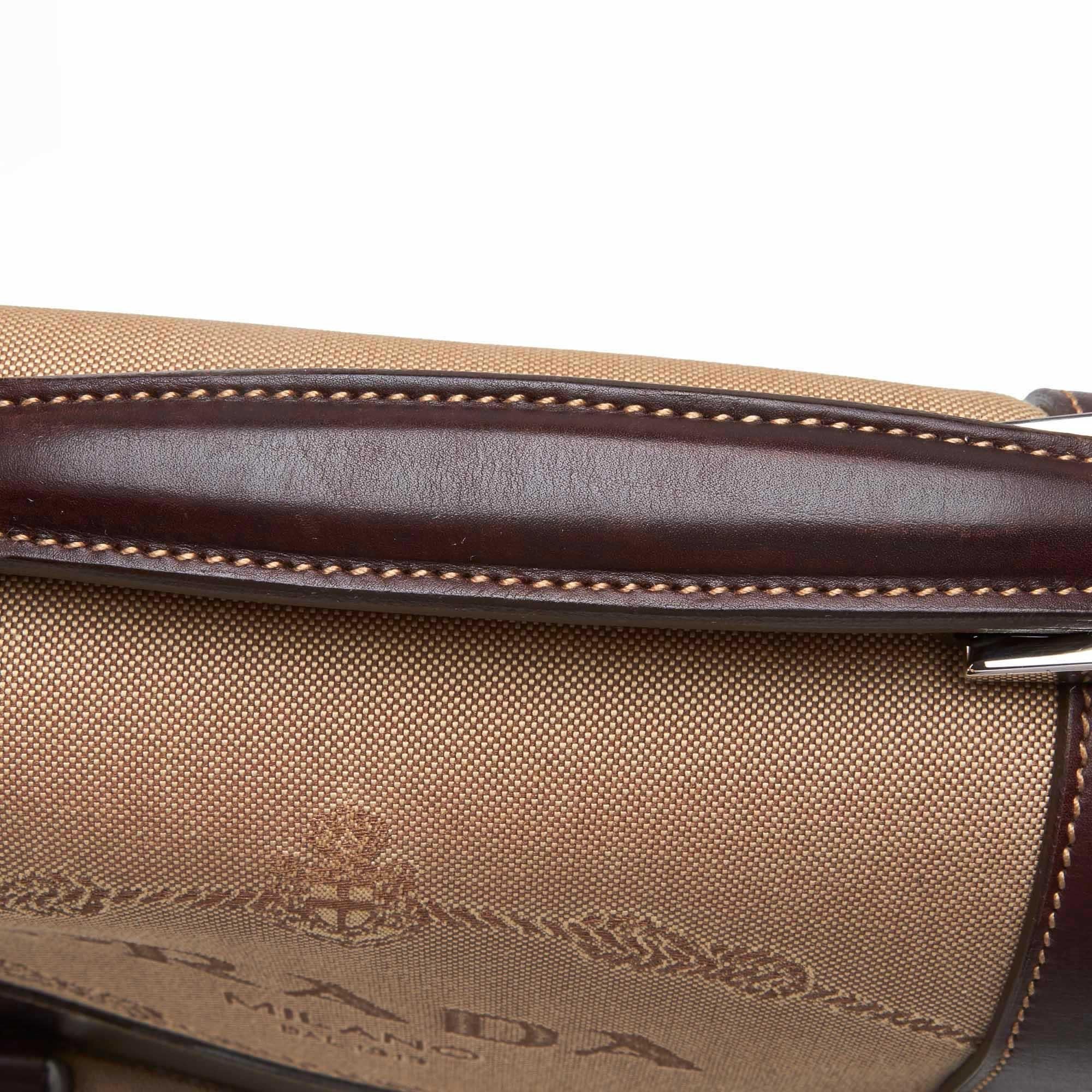 Vintage Authentic Prada Brown Beige Canvas Fabric Canapa Handbag Italy LARGE  For Sale 5