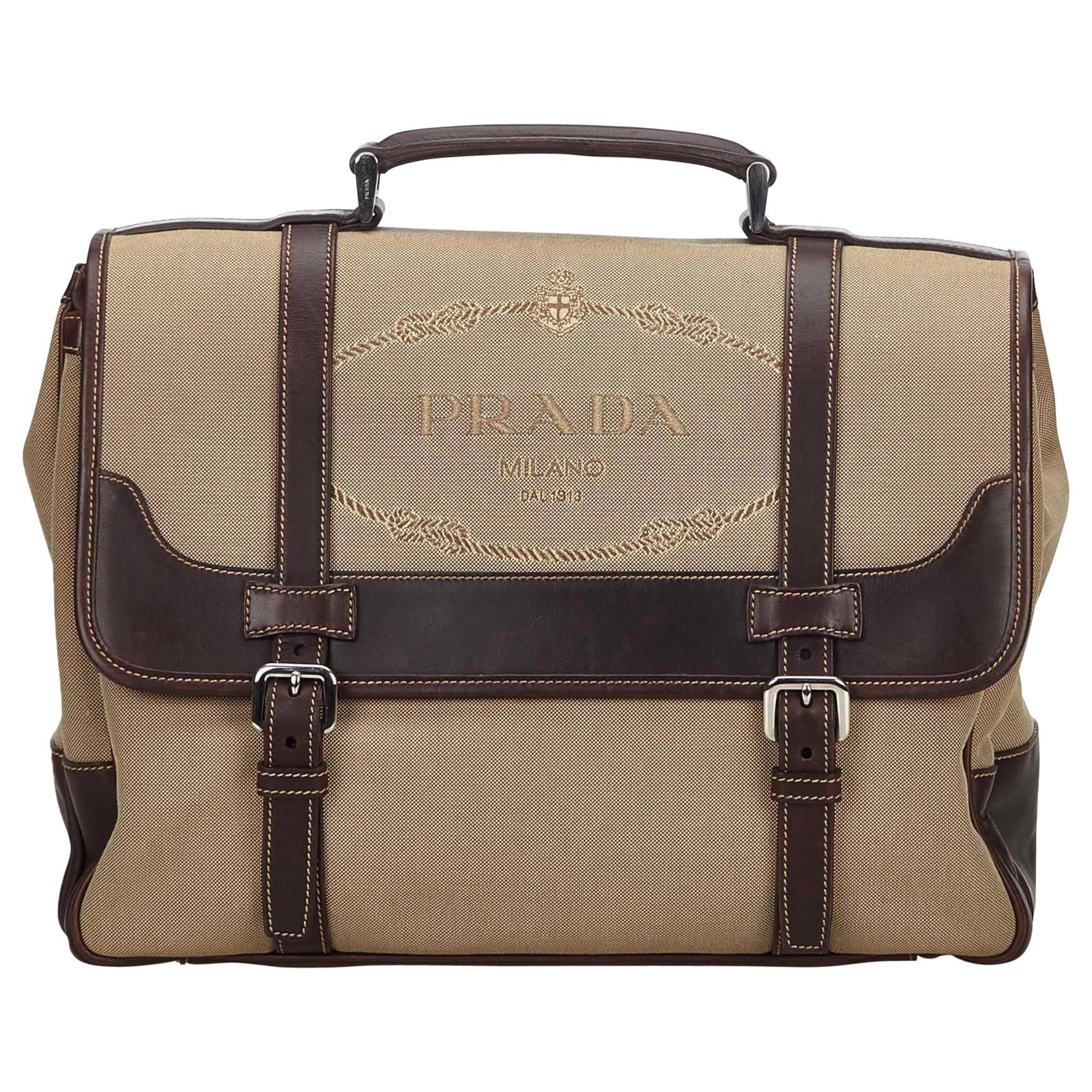 Vintage Authentic Prada Brown Beige Canvas Fabric Canapa Handbag Italy LARGE  For Sale