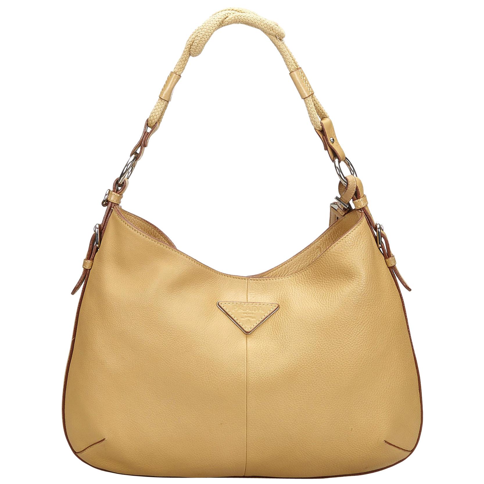 Vintage Authentic Prada Brown Beige Leather Vitello Daino Hobo Bag Italy LARGE  For Sale