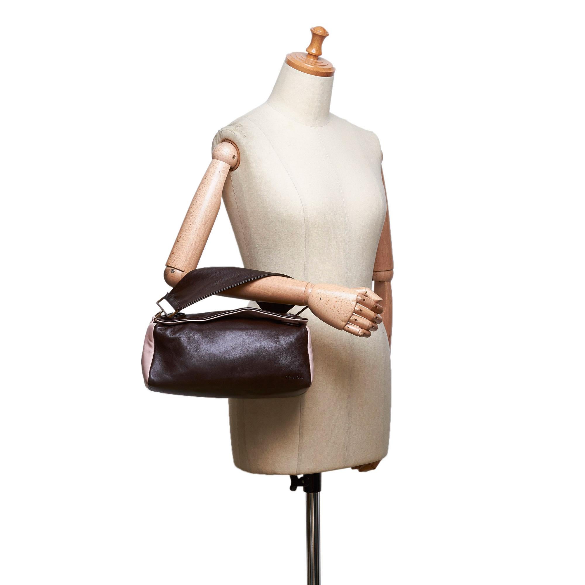 Vintage Authentic Prada Brown Dark Brown with Pink Leather Handbag ITALY MEDIUM  5