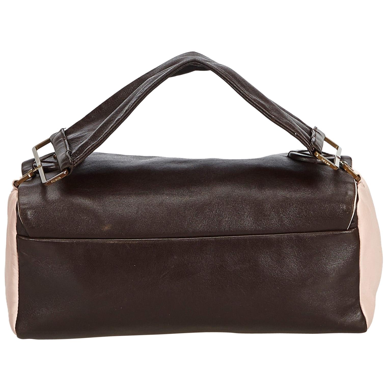 Vintage Authentic Prada Brown Dark Brown with Pink Leather Handbag ITALY MEDIUM 