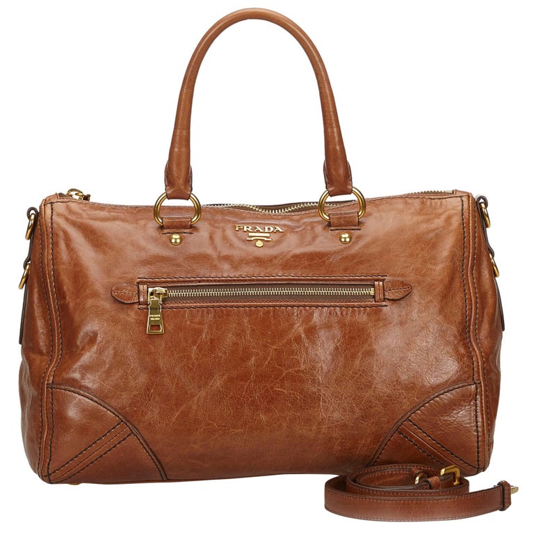 Vintage Authentic Prada Brown Leather Boston Bag Italy LARGE For Sale