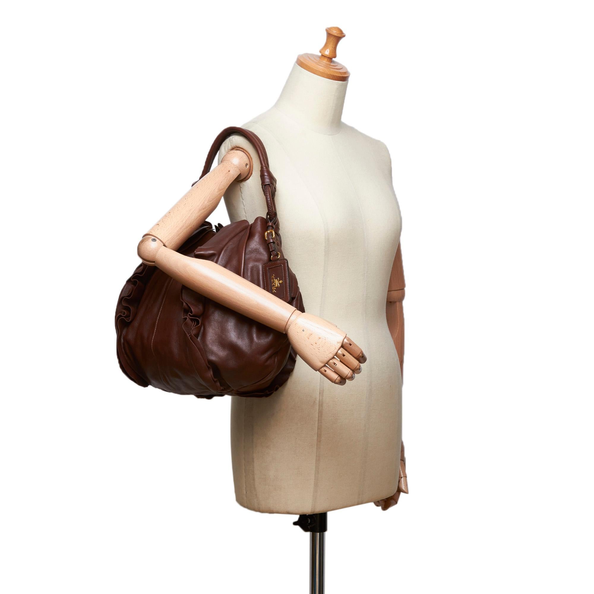 Vintage Authentic Prada Brown Leather Ruffled Hobo Bag Italy w Dust Bag MEDIUM  4