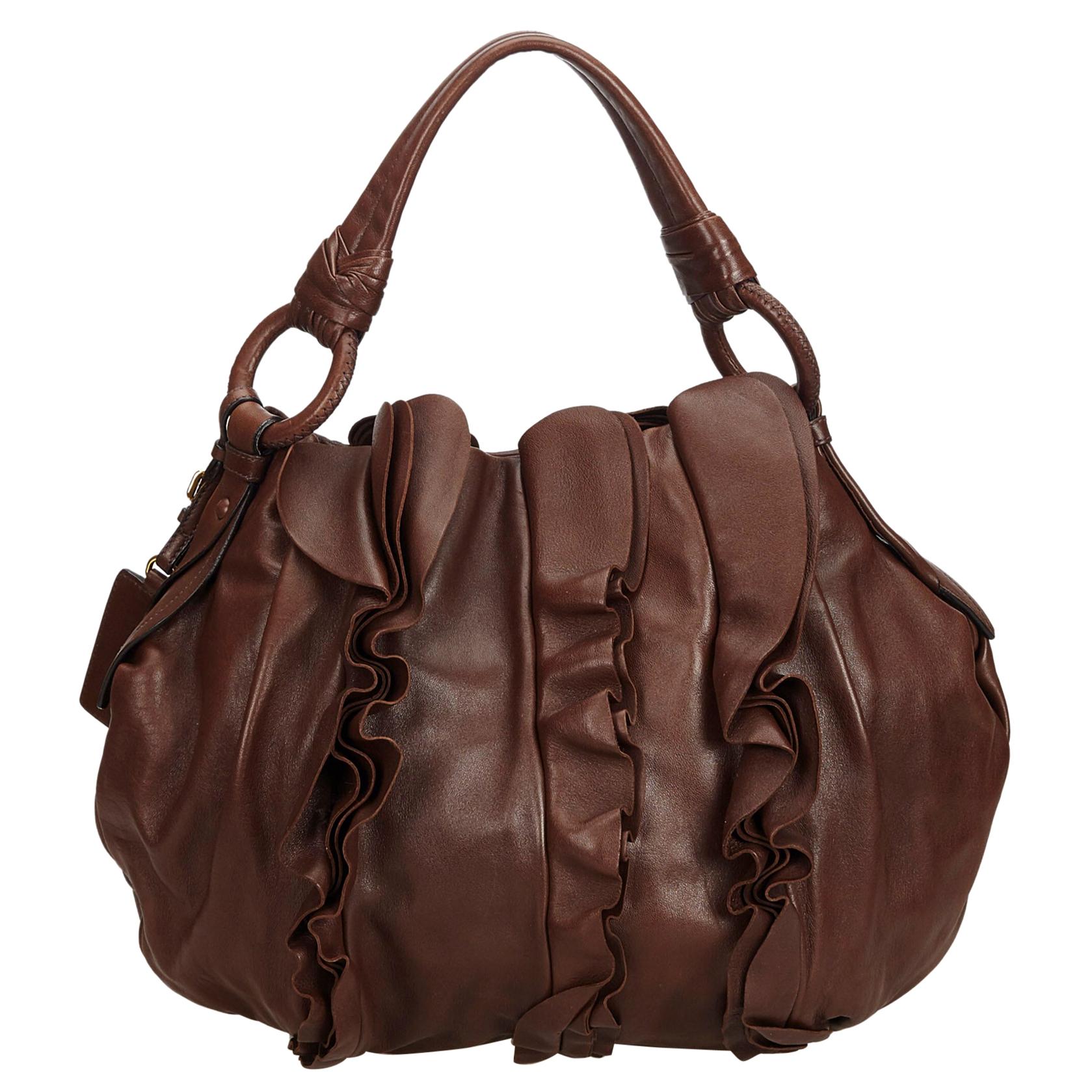 Vintage Authentic Prada Brown Leather Ruffled Hobo Bag Italy w Dust Bag MEDIUM 