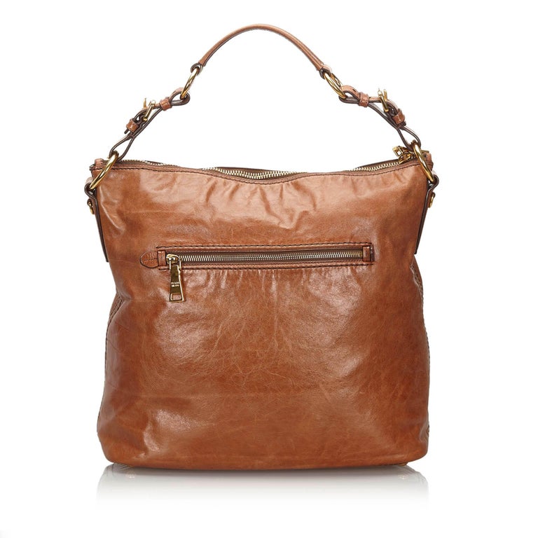 Vintage Authentic Prada Brown Leather Shoulder Bag Italy LARGE For Sale