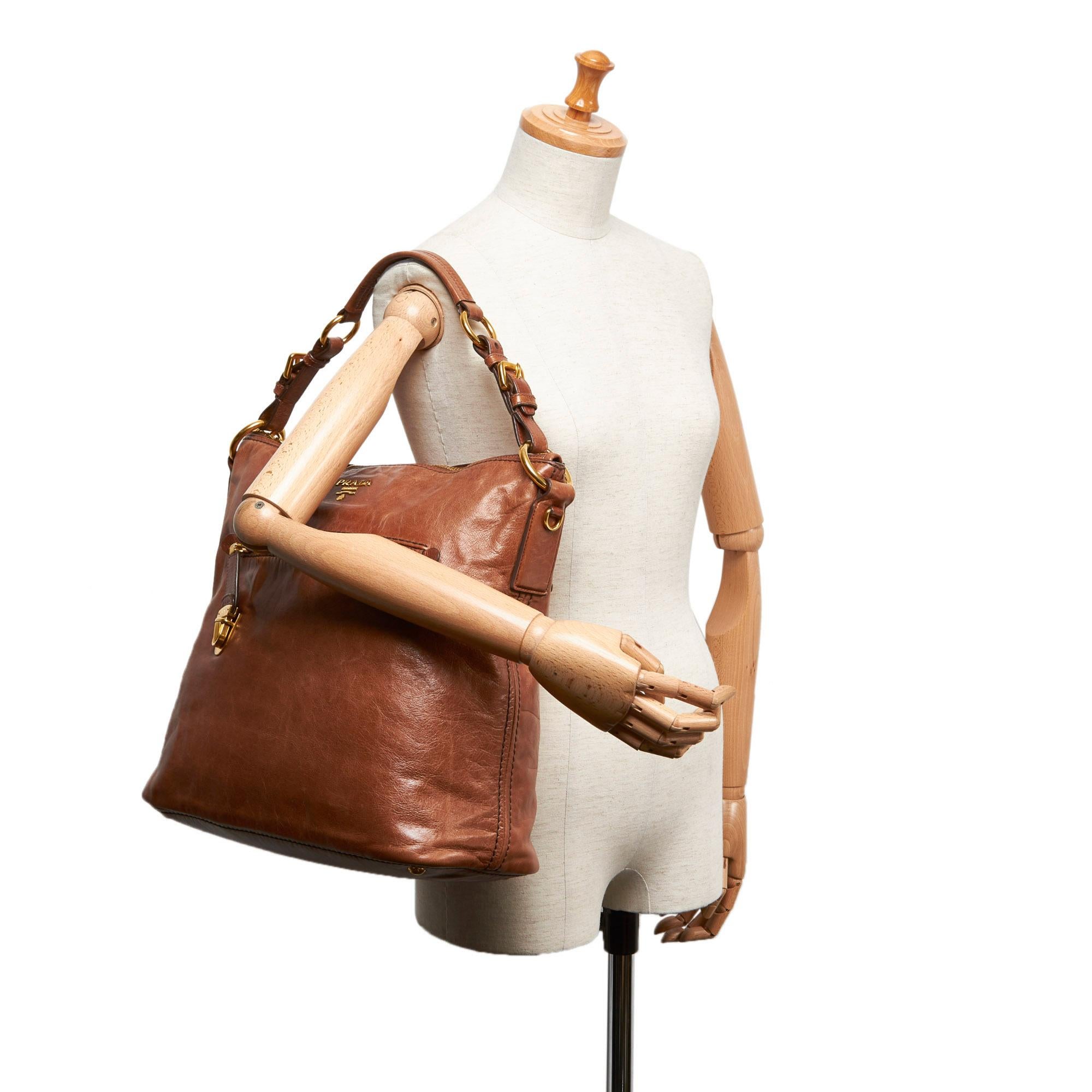 Vintage Authentic Prada Brown Leather Shoulder Bag Italy LARGE For Sale 3