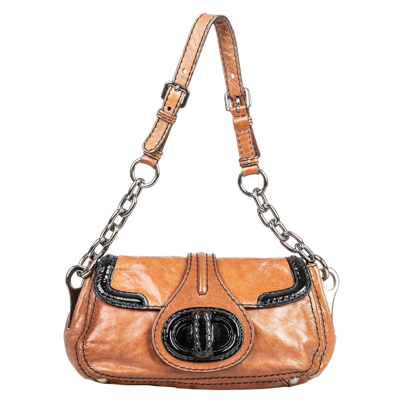Vintage Authentic Prada Brown Leather Shoulder Bag Italy MEDIUM  For Sale