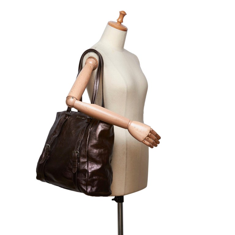Vintage Authentic Prada Brown Leather Tote Italy w/ Dust Bag LARGE For Sale at 1stdibs