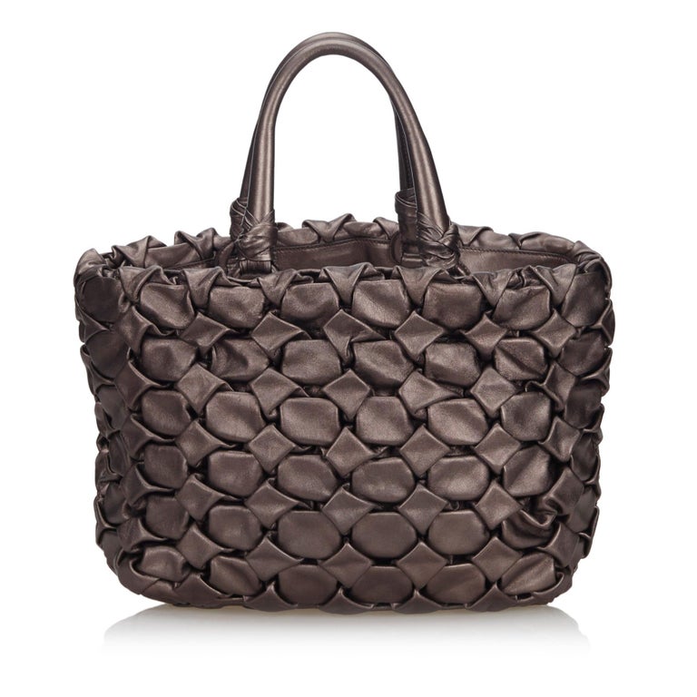 Vintage Authentic Prada Brown Leather Woven Handbag Italy w Dust Bag LARGE For Sale at 1stdibs
