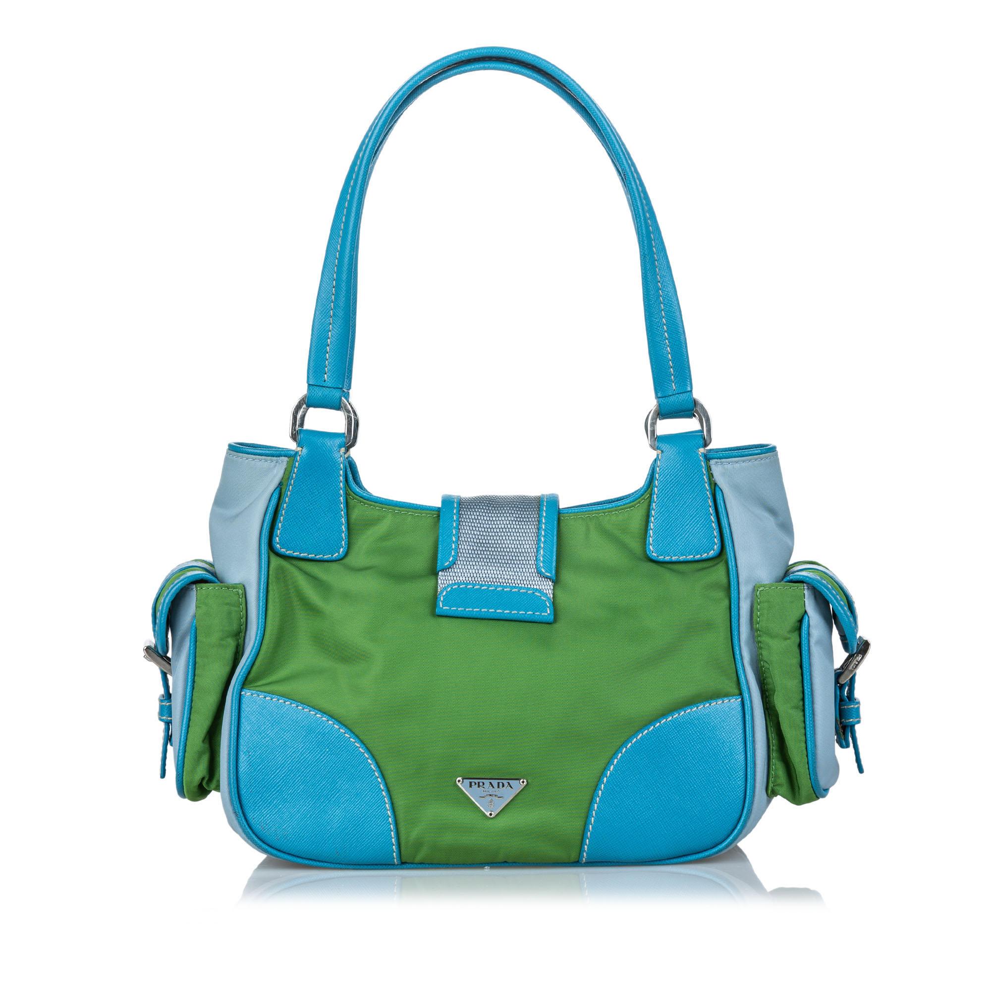 Vintage Authentic Prada Green with Blue Nylon Fabric Shoulder Bag Italy MEDIUM  In Good Condition For Sale In Orlando, FL