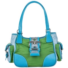 Vintage Authentic Prada Green with Blue Nylon Fabric Shoulder Bag Italy MEDIUM 