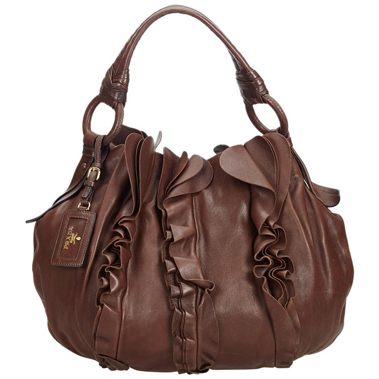 Vintage Authentic Prada Leather Ruffled Shoulder Bag ITALY w Dust Bag LARGE For Sale at 1stdibs